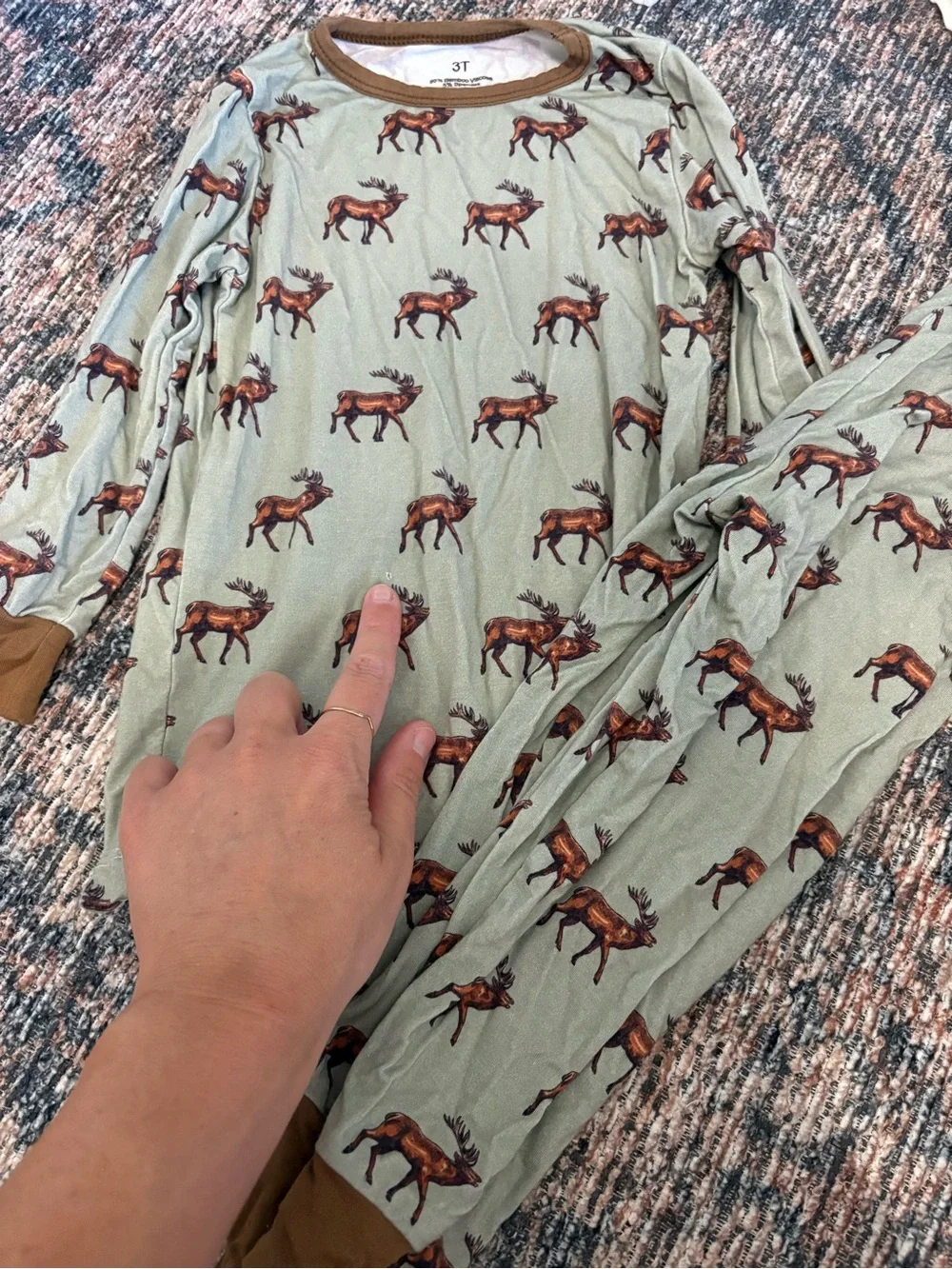 Kids Elk Print Pajama Set - Sage Green with Brown Trim